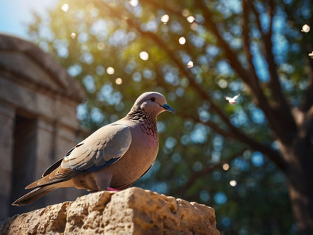 pigeon sitting on a stone in the park at sunset.の素材