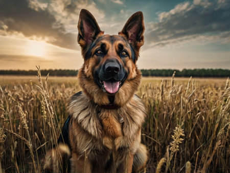 German shepherd dog in a wheat field at sunset or sunrise time.の素材