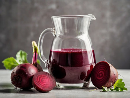 Fresh beetroot juice in a glass jug and fresh beetroots on a gray backgroundの素材