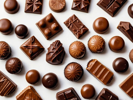 Assortment of chocolate candies on white background. Top view.の素材