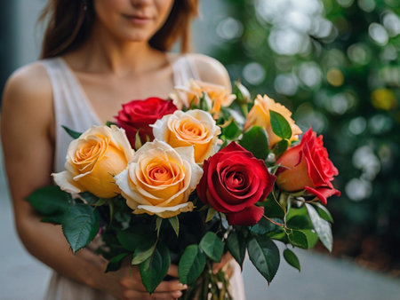 Bouquet of red and orange roses in the hands of the brideの素材