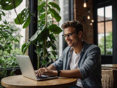 Image of handsome young man in eyeglasses using laptop while sitting in cafeの素材