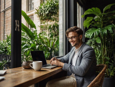 Portrait of a smiling young businessman using laptop while sitting in cafeの素材