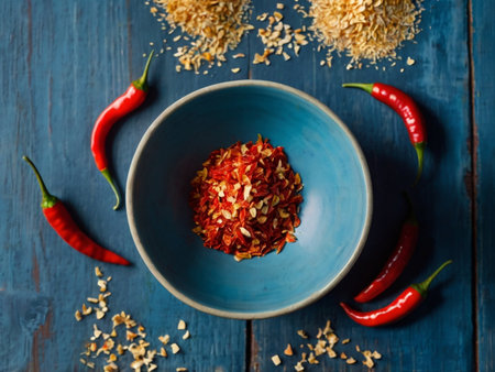 Red chili peppers and rice in a bowl on a blue wooden backgroundの素材