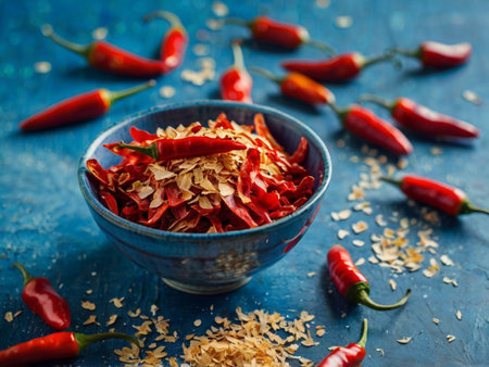Red chili peppers and flakes in a bowl on a blue background.の素材