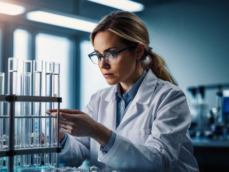 Young female scientist working in laboratory. She is wearing white coat and glasses. Science, chemistry, biology, medicine and people conceptの素材
