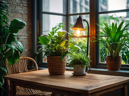 Interior design of a cozy living room in loft style. Green plants in pots on a wooden table.の素材