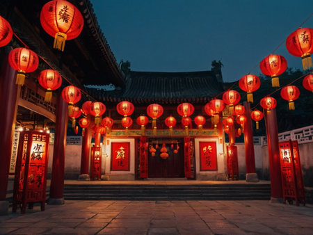Lanterns at the entrance of a temple in China.の素材