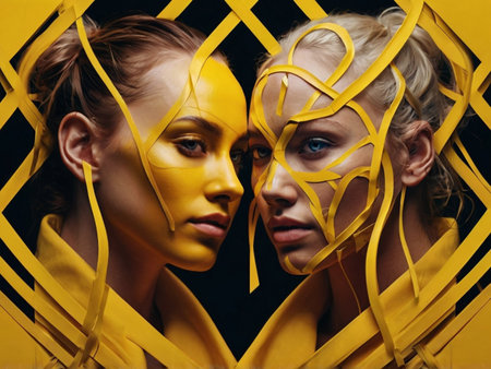 Portrait of two beautiful young women with yellow masks. Studio shot.の素材