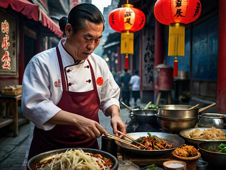 Unidentified Chinese man in a red apron prepares Chinese food in the street.の素材