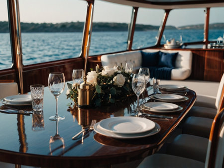 Wedding table setting on a yacht in the open sea.の素材