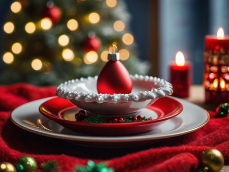 Christmas table setting with red and white plates and christmas tree on backgroundの素材