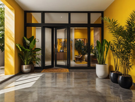 Interior of modern living room with yellow walls, concrete floor and black doorの素材