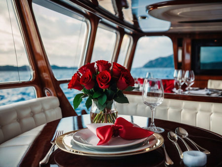 Wedding table on a yacht with a bouquet of red rosesの素材