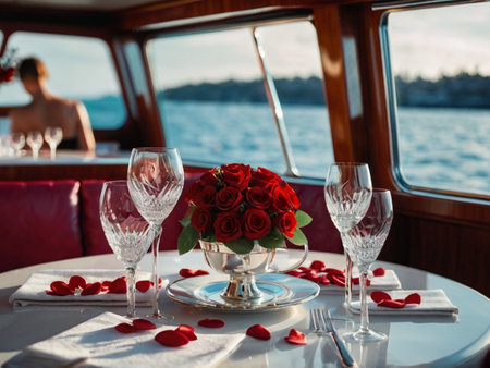 Wedding table on a yacht with a bouquet of red rosesの素材