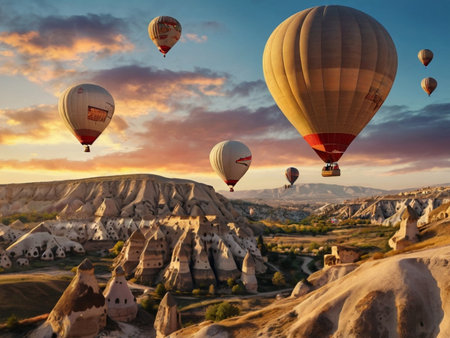 Hot air balloons flying over Cappadocia, Turkey.の素材