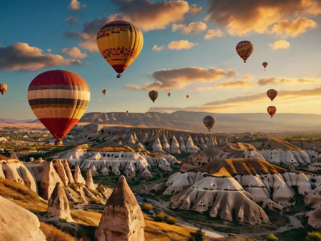 Hot air balloons flying over Cappadocia, Turkey.の素材