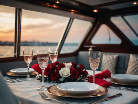 Wedding table setting on the yacht at sunset. Luxury romantic dinner on the yacht.の素材