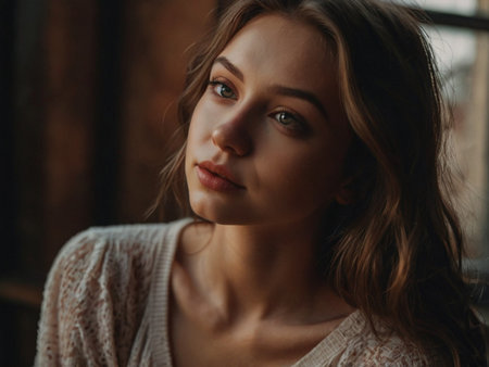 Portrait of a beautiful young woman in a white sweater in the interiorの素材