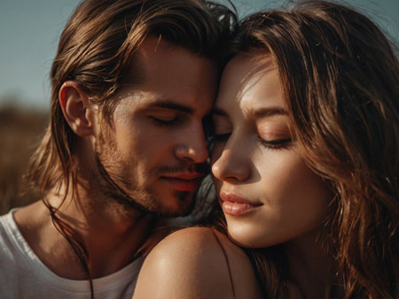 beautiful young couple hugging and looking at each other on sunny dayの素材