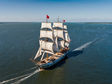 Aerial view of a tall ship sailing in the netherlandsの素材