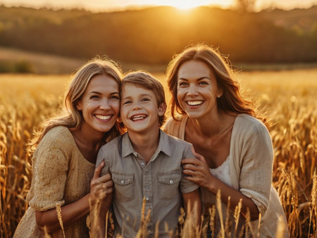 Portrait of a happy family standing in a wheat field at sunsetの素材