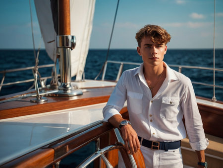 Young handsome man in a white shirt on the deck of a yachtの素材