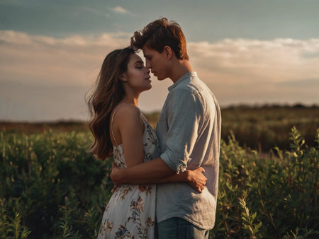 Young couple in love embracing and kissing in the field at sunset.の素材