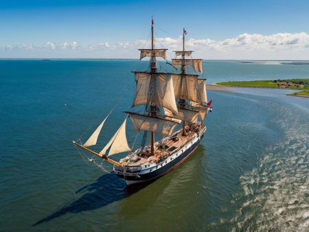 Sailing ship in the sea in a sunny day, aerial viewの素材