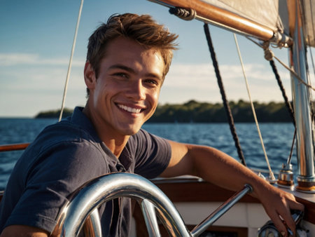 Portrait of a smiling young man sailing on a yacht in the seaの素材