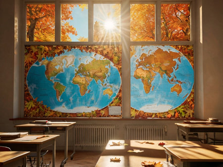 Back to school. World map on the windowsill of the classroomの素材