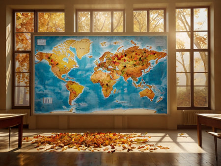 Map of the world with autumn leaves on the background of the windowの素材
