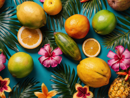 Tropical fruits and palm leaves on blue background, flat layの素材