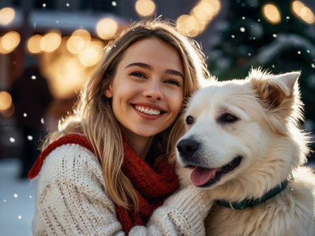 smiling young woman in warm sweater hugging dog on Christmas streetの素材