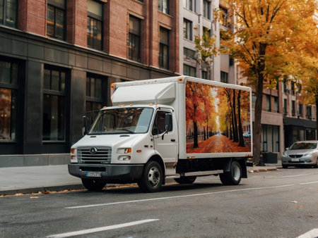 White delivery truck on a city street.の素材