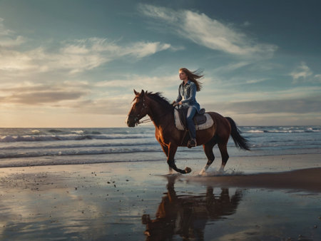 Young beautiful woman riding a horse on the beach at sunset in autumnの素材