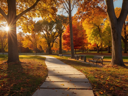 Sunset in the autumn park with bench and maple trees in the backgroundの素材