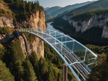 Bridge over the river in the mountains. The bridge is made of steel.の素材