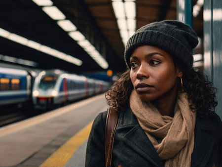 Beautiful african american woman in hat and scarf at train station.の素材