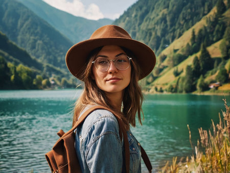 Beautiful young woman in hat and glasses with backpack on the background of a mountain lakeの素材
