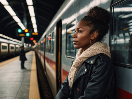 Young african american woman waiting for train at railway station.の素材