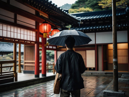 Japanese man with umbrella in Kyoto, Japan. Travel and tourism concept.の素材