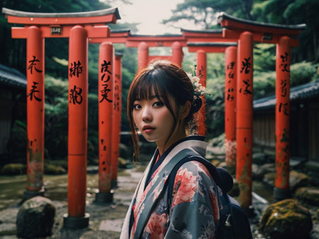 Japanese girl in kimono with red torii gate in Kyoto, Japanの素材