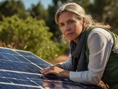 Portrait of mature woman using solar panel on sunny day in countrysideの素材