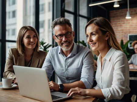 Portrait of happy businesspeople using laptop while sitting at table in officeの素材