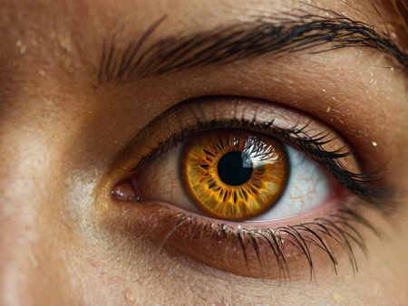 Macro shot of beautiful woman's brown eye with long eyelashes.の素材