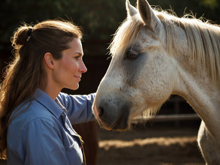 Portrait of young woman with white horse in the paddock.の素材