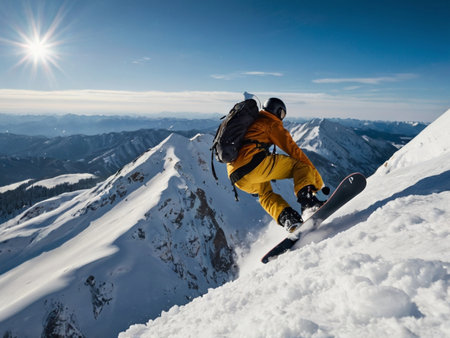Snowboarder jumping in the mountains. Extreme snowboard freeride sport.の素材