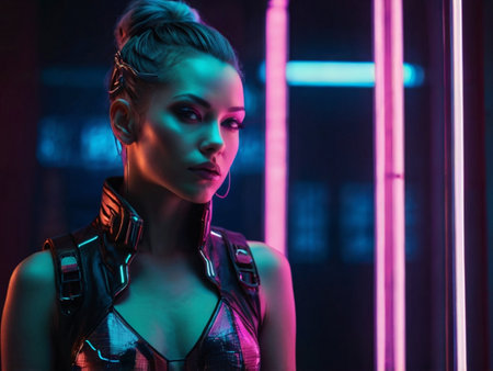 portrait of beautiful young woman in neon lights, cyberpunk styleの素材