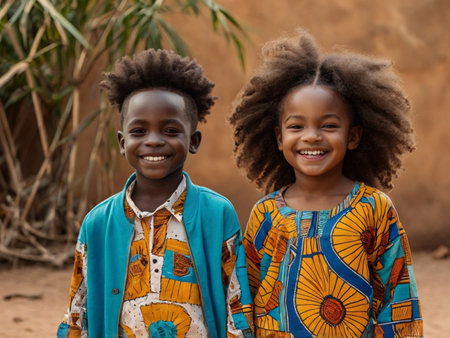Two african children in traditional clothes smiling at camera in Africa.の素材